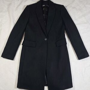 Zara Manteco Premium Quality Lana Wool Black Single Button Long Blazer Coat